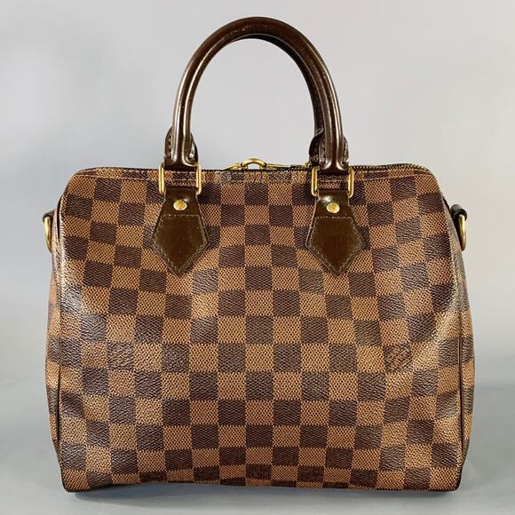 Ebene Speedy Bandouliere 25 Brown Tan Damier Leather Trim Canvas Handbag - Picture 4 of 9